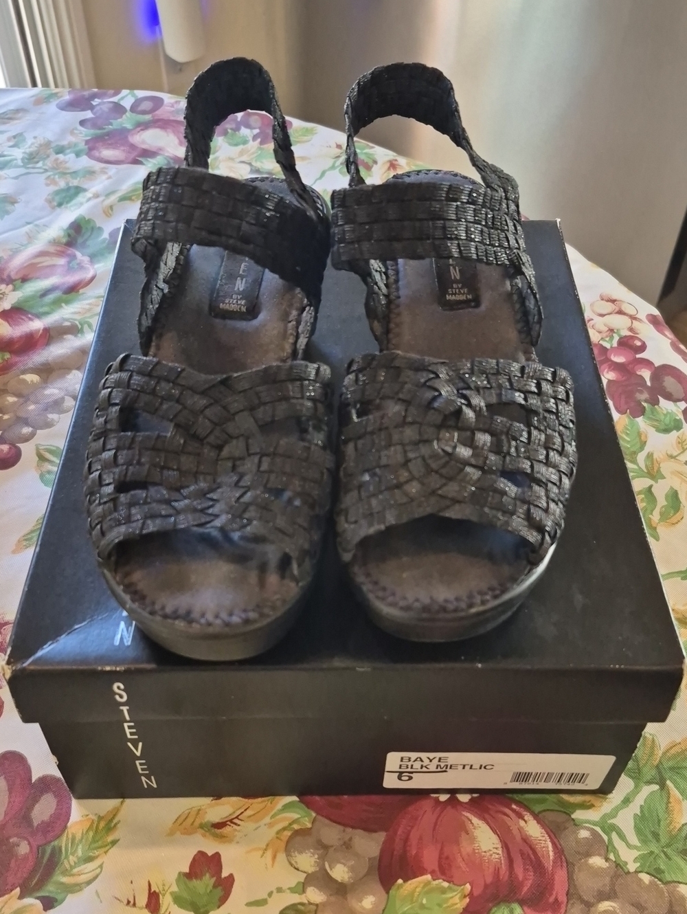 Steve Madden Black Woven Slingback Wedge Sandals